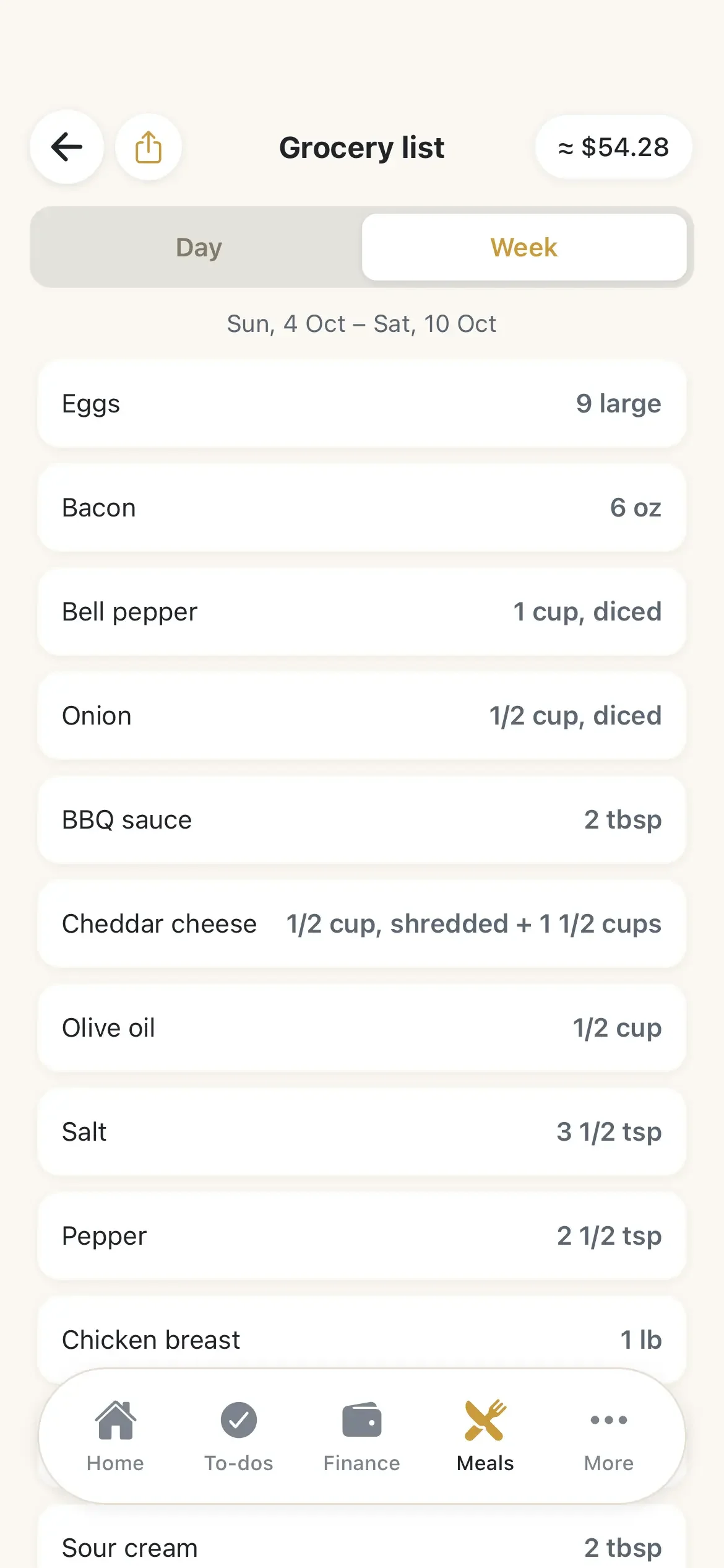 ParentPal weekly grocery list combining ingredients from all planned meals with an estimated total cost