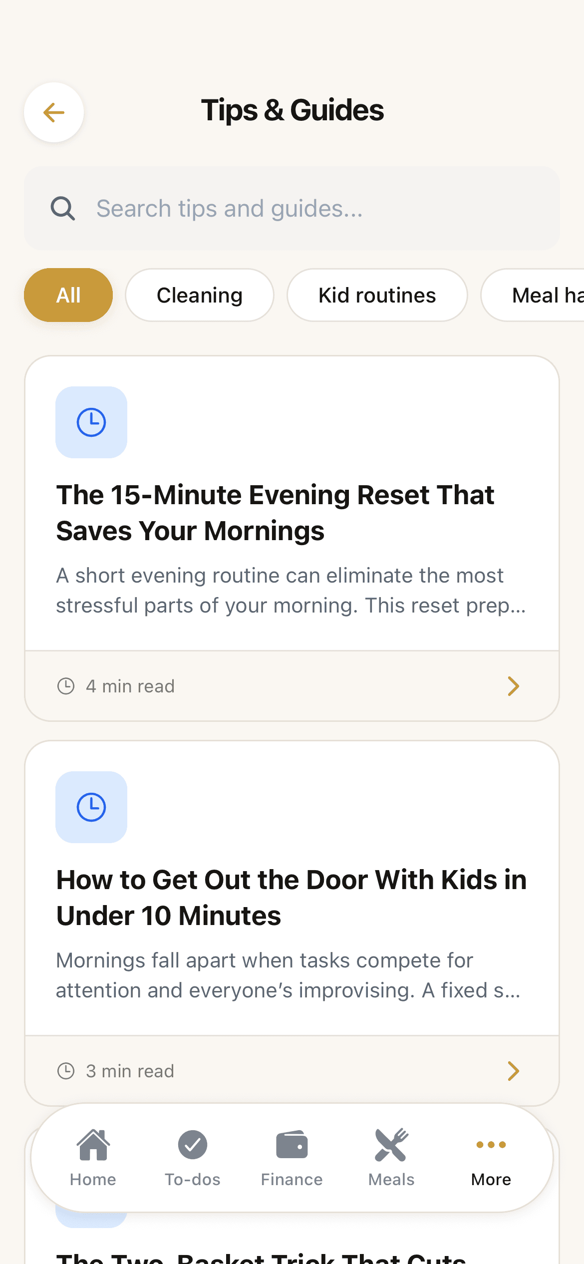 ParentPal parenting tips app screen showing curated solo parenting guides and home maintenance articles