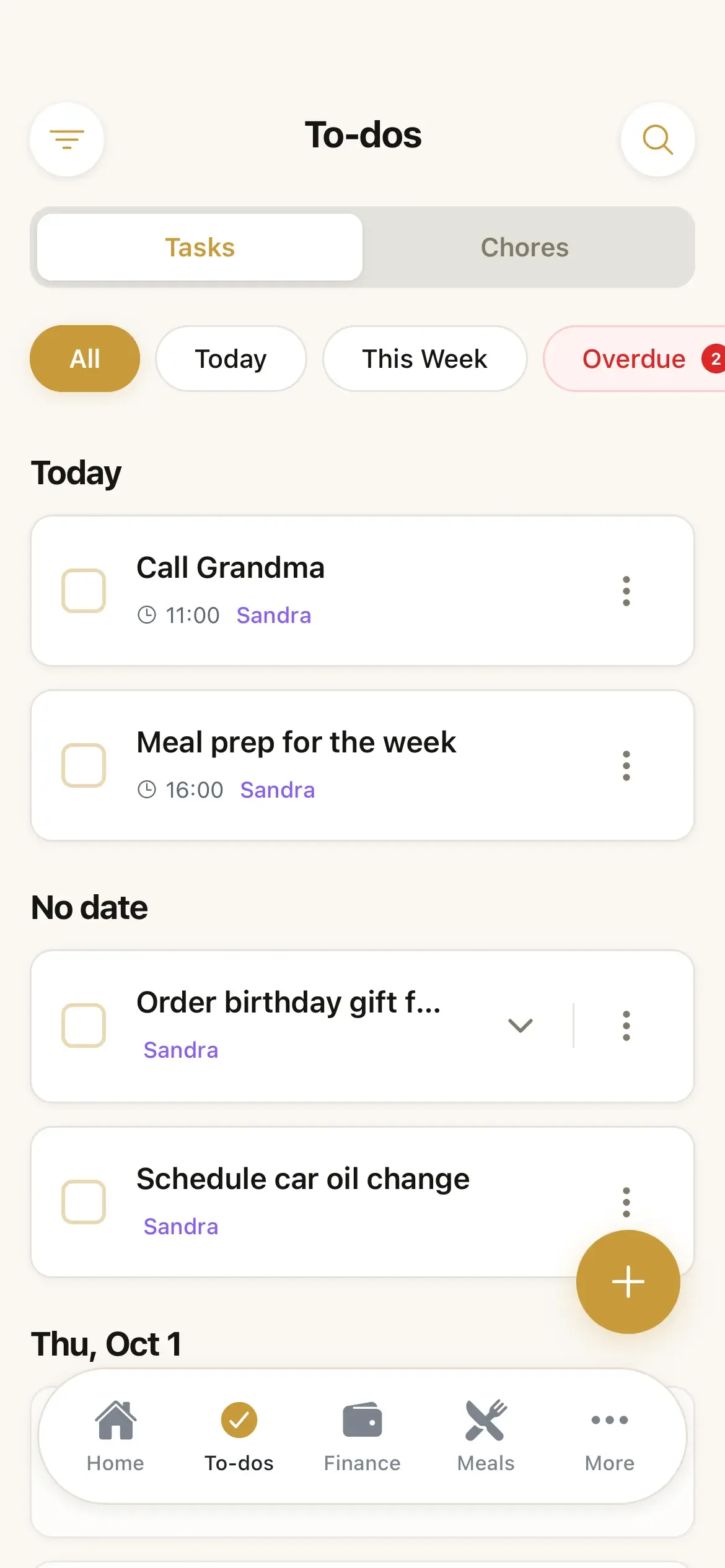 ParentPal family task manager screen showing household chores and to-do items for single parents